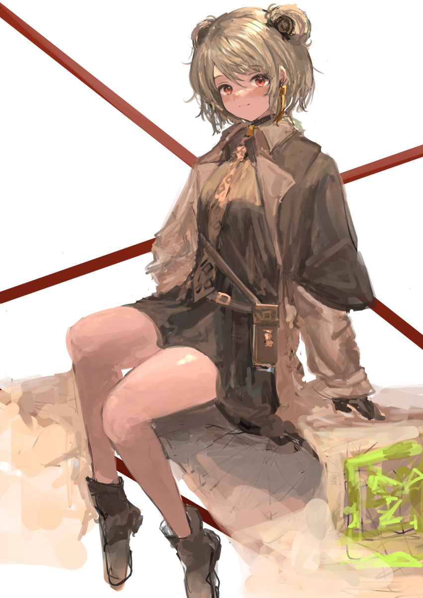 1girl absurdres brown_hair commentary_request double_bun full_body girls'_frontline highres korean_commentary looking_at_viewer maria_(syake-uni) p90_(girls'_frontline) red_eyes simple_background sitting sketch solo white_background