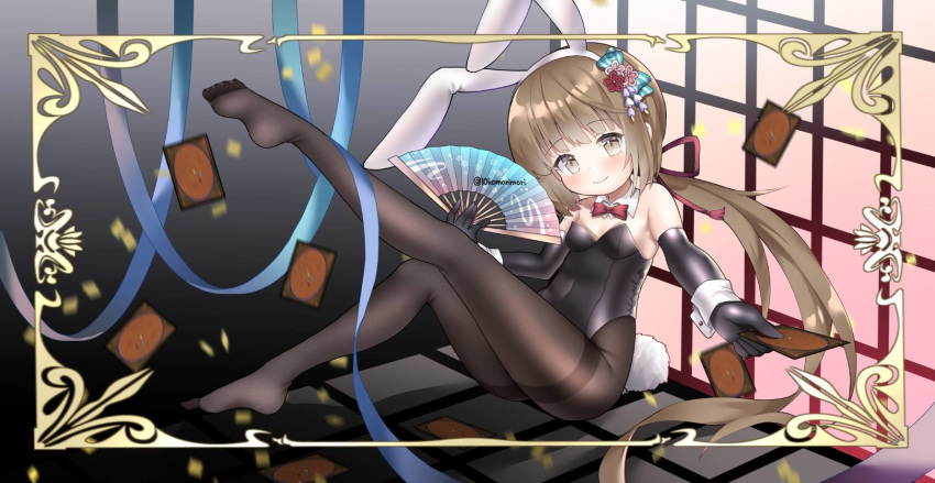 1girl animal_ears black_gloves black_legwear black_leotard bow bowtie brown_eyes brown_hair bunny_ears bunny_girl bunny_tail bunnysuit card commission detached_collar fan fingerless_gloves flower folding_fan gloves hair_flower hair_ornament highres idolmaster idolmaster_cinderella_girls juugou_taki leotard long_hair looking_at_viewer low_twintails magic:_the_gathering pantyhose red_neckwear sitting smile solo strapless strapless_leotard tail thighband_pantyhose twintails very_long_hair wrist_cuffs yorita_yoshino