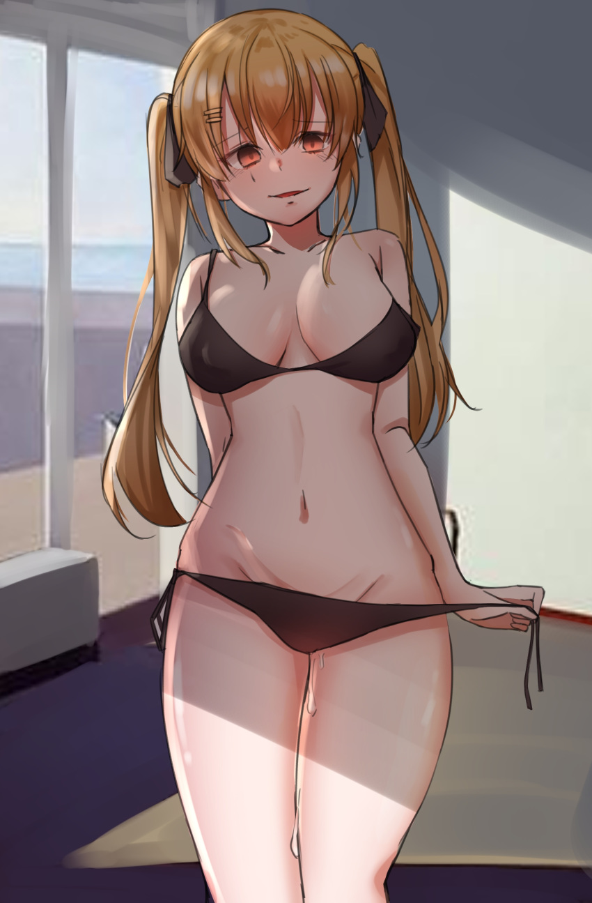 1girl absurdres black_bra black_panties blush bra breasts brown_hair collarbone eyebrows_visible_through_hair girls_frontline hair_ribbon hand_in_panties highres long_hair looking_at_viewer medium_breasts navel open_eyes open_mouth panties pengrani red_eyes ribbon simple_background solo stomach twintails ump9_(girls_frontline) underwear yandere