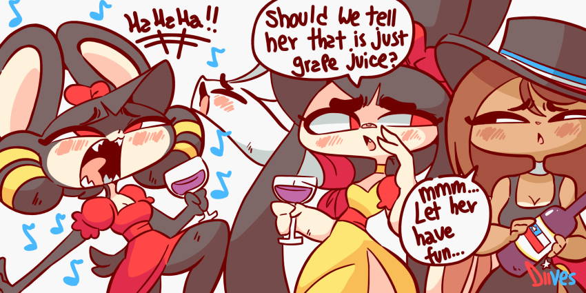 2020 2:1 3_fingers accessory anthro bandage black_body black_clothing black_dress black_eyes black_fur black_hair black_hat black_headwear blush bottle breasts brown_body brown_fur brown_hair chelizi chilean_flag cleavage clothed clothing dialogue diives dress drunk english_text fangs female fingers fur gaghiel group hair hair_accessory hair_bow hair_ribbon hat headgear headwear hi_res holding_bottle holding_glass holding_object lagomorph leporid looking_at_another mammal mawile murid murine musical_note nintendo open_mouth pink_nose pok&eacute;mon pok&eacute;mon_(species) rabbit raised_leg rat red_bow red_clothing red_dress ribbons rodent sharp_teeth simple_background speech_bubble striped_body striped_fur stripes substance_intoxication teeth text video_games white_background white_inner_ear wine_bottle wine_glass xingzuo_temple yellow_clothing yellow_dress yellow_stripes zhīma
