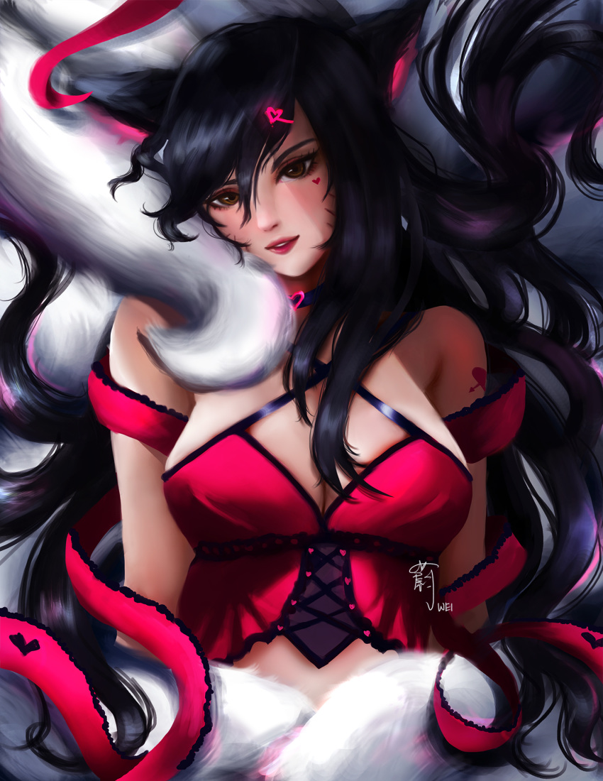 &lt;3 ahri_(lol) animal_humanoid big_breasts black_hair breasts brown_eyes camisole canid canid_humanoid canine canine_humanoid choker clothed clothing eyelashes female fluffy fluffy_tail fox_humanoid fur hair hi_res humanoid jewelry league_of_legends light_skin lingerie lips long_hair looking_at_viewer lying mammal mammal_humanoid monotone_hair multi_tail necklace on_back red_clothing red_topwear ribbons riot_games signature solo topwear video_games weisart20 white_body white_fur