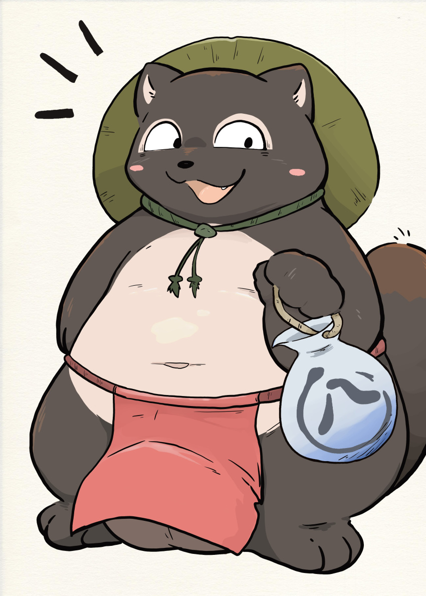 2020 absurd_res anthro asian_clothing balls belly big_balls blush brown_body brown_fur canid canine clothing east_asian_clothing fundoshi fur genitals hat headgear headwear hi_res japanese_clothing kemono male mammal overweight overweight_anthro overweight_male raccoon_dog simple_background solo tanuki tinntira underwear