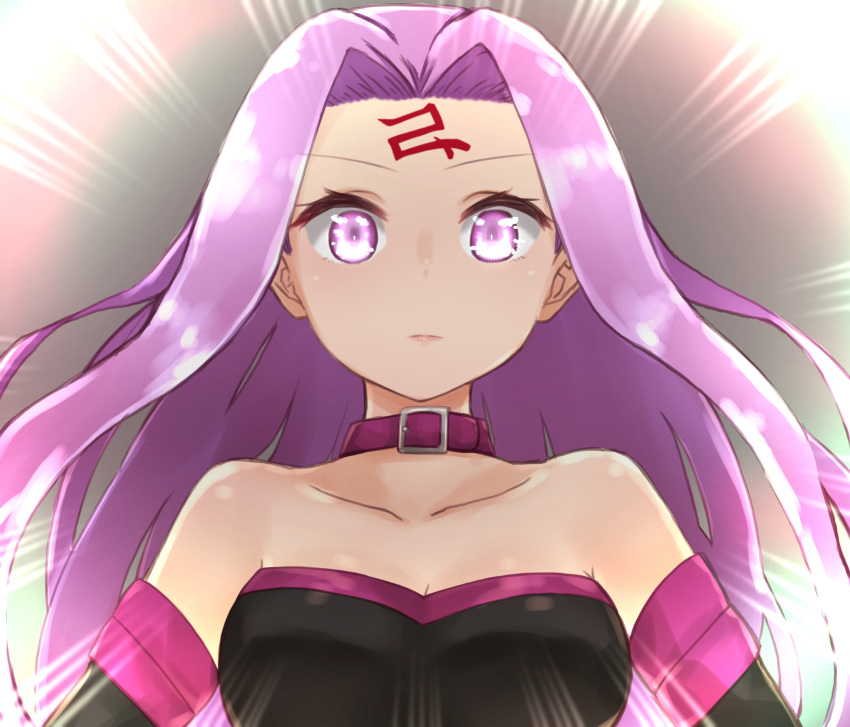 1girl bangs bare_shoulders black_dress breasts cleavage collar collarbone dress emphasis_lines facial_mark fate/stay_night fate_(series) forehead forehead_mark glowing glowing_eyes highres i.u.y long_hair looking_at_viewer medium_breasts no_blindfold parted_bangs pink_hair purple_collar purple_eyes rider solo strapless strapless_dress upper_body v-shaped_eyebrows very_long_hair