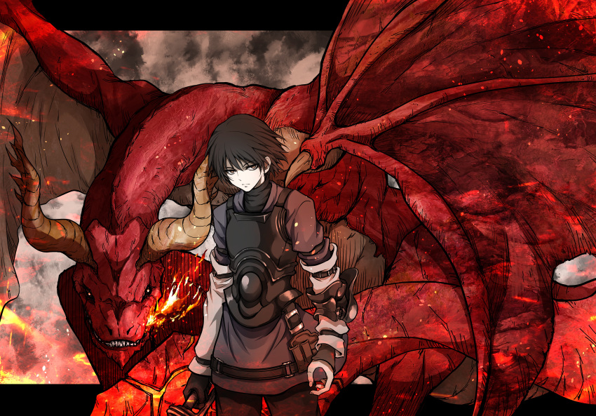 1boy absurdres angel_(drag-on_dragoon) armor black_armor black_gloves black_hair breastplate brown_eyes caim closed_mouth drag-on_dragoon dragon embers fingernails fire gloves hair_between_eyes highres holding holding_weapon horns parted_lips red_eyes sharp_teeth shimoda_masaya single_glove smoke teeth turtleneck weapon