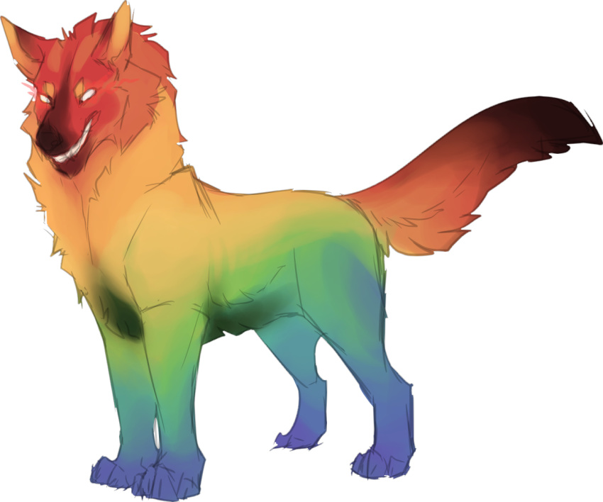 2019 4_toes all_fours alpha_channel ambiguous_gender canid canine canis colored_sketch digital_media_(artwork) eyebrows feral fur guide_lines mammal multicolored_body multicolored_fur no_pupils orange_eyebrows quadruped rainbow_body rainbow_fur simple_background smile solo soulsplosionsketches standing teeth toes transparent_background white_eyes wolf