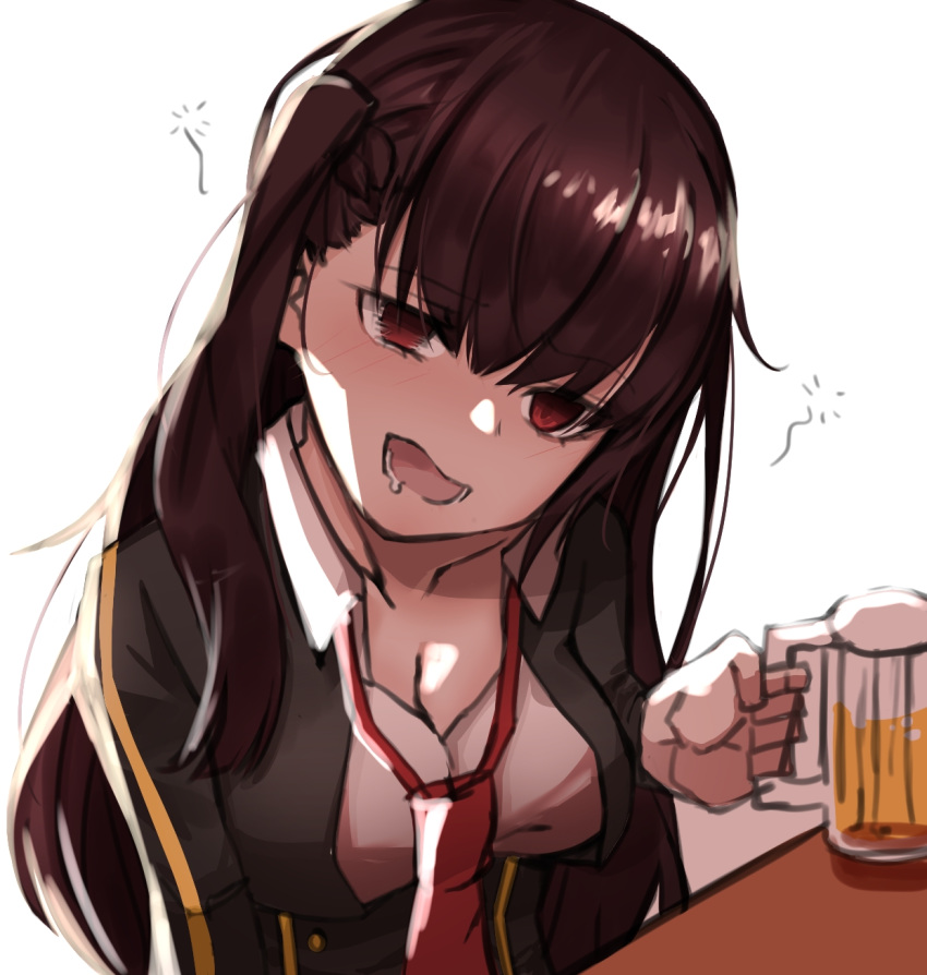 1girl alcohol alternate_costume beer blush breasts cleavage collarbone drunk eyebrows_visible_through_hair girls_frontline highres long_hair looking_at_viewer medium_breasts necktie open_eyes open_mouth pengrani purple_hair red_eyes red_neckwear saliva shirt simple_background sitting solo wa2000_(girls_frontline) white_shirt