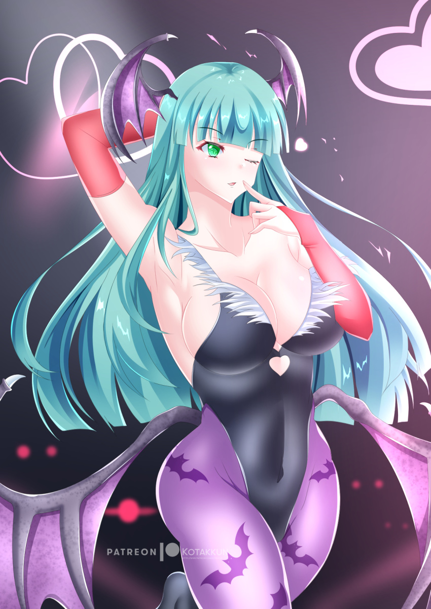 bangs breasts cleavage demon_girl highres huge_breasts kotakkun large_breasts leotard long_hair morrigan_aensland succubus thighhighs vampire_(game)