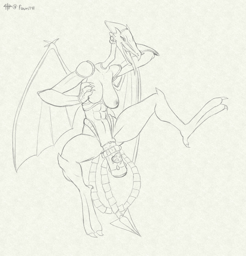 2020 alien anthro black_and_white breasts crossgender dragon female fours_(artist) full-length_portrait genitals hi_res improvised_dildo improvised_sex_toy looking_pleasured masturbation metroid monochrome mtf_crossgender nintendo nipples non-mammal_breasts penetration portrait pussy ridley scalie sketch solo space_dragon_(metroid) tongue tongue_out vaginal vaginal_masturbation vaginal_penetration video_games