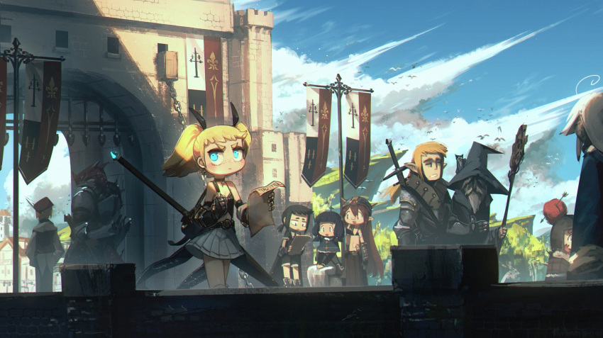 2others 3boys 5girls armor arrow_(projectile) banner beard black_camisole blonde_hair blue_eyes building camisole castle chain choker cloud drawbridge facial_hair freckles gloves hat highres holding long_hair medium_hair miniskirt multiple_boys multiple_girls multiple_others old_man orange_hair original paper pleated_skirt porforever sitting skirt sky staff sword twintails walking weapon white_hair white_skirt wide_shot wizard wizard_hat