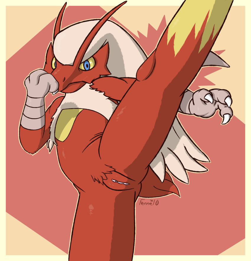 2020 3_fingers anthro avian blaziken chest_fur chest_markings claws clitoral_hood clitoris colored digital_media_(artwork) female fennelseed fighting_pose fingers flexible genitals hair hi_res humanoid_genitalia humanoid_pussy kick leg_markings long_hair looking_at_viewer markings nintendo on_one_leg pok&eacute;mon pok&eacute;mon_(species) pose pubes pussy raised_leg shaded short_tail simple_background solo spread_legs spreading standing video_games yellow_sclera