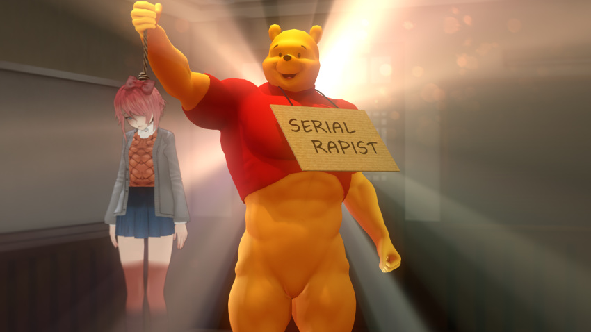 16:9 3d_(artwork) abs anthro asphyxiation biceps blueflytrap bottomless clothed clothing death digital_media_(artwork) disney doki_doki_literature_club! duo english_text featureless_crotch female fur hanged hi_res human humor imminent_rape lifting male mammal meme muscular muscular_anthro muscular_male noose open_mouth pecs pooh_bear rope sayori_(doki_doki_literature_club!) shirt shitpost sign smile snuff source_filmmaker standing suid suina text tight_clothing topwear ursid video_games visual_novel widescreen winnie_the_pooh_(franchise) yellow_body yellow_fur