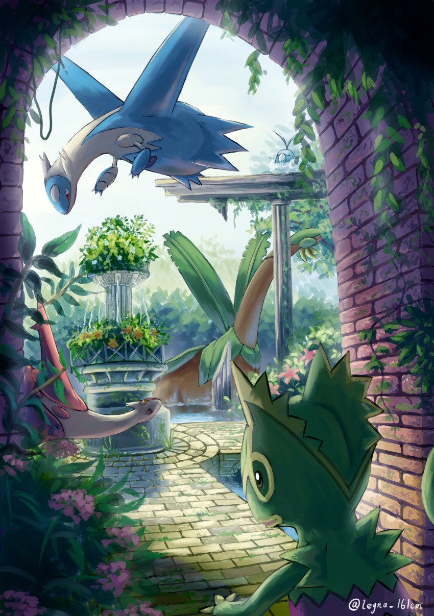 absurdres arch commentary_request day foliage fountain gen_3_pokemon highres huge_filesize kecleon latias latios legendary_pokemon legna_(legna_161cm) looking_down looking_up no_humans open_mouth orange_eyes outdoors plant pokemon pokemon_(creature) red_eyes smile swablu tongue tropius vines water watermark