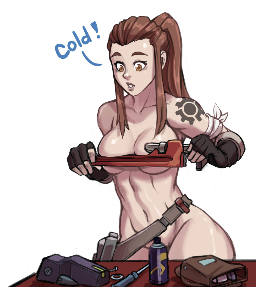 1girl absurdres bandaged_arm bandages belt bench black_gloves breasts brigitte_(overwatch) brown_eyes brown_hair censored cleavage commentary convenient_censoring covering_nipples dirty_ero english_commentary english_text fingerless_gloves gloves hair_pulled_back highres lips long_hair mechanic medium_breasts navel novelty_censor nude overwatch ponytail raised_eyebrows shoulder_tattoo sidelocks skindentation solo speech_bubble spray_can tattoo toned tools underboob wrench