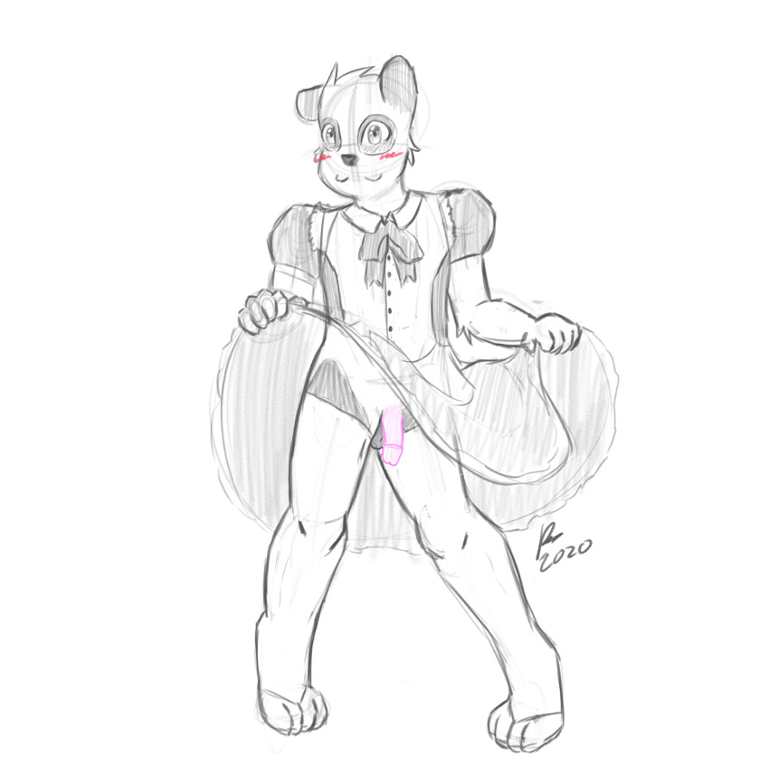 1:1 anthro balls black_body black_fur bottomwear clothed clothing clothing_lift footwear fur genitals giant_panda hi_res legwear maid_uniform male mammal penis penis_tip pink_penis rassiart skirt skirt_lift socks solo squishy_the_panda thigh_gap thigh_highs topwear uniform ursid white_body white_clothing white_fur white_legwear white_socks