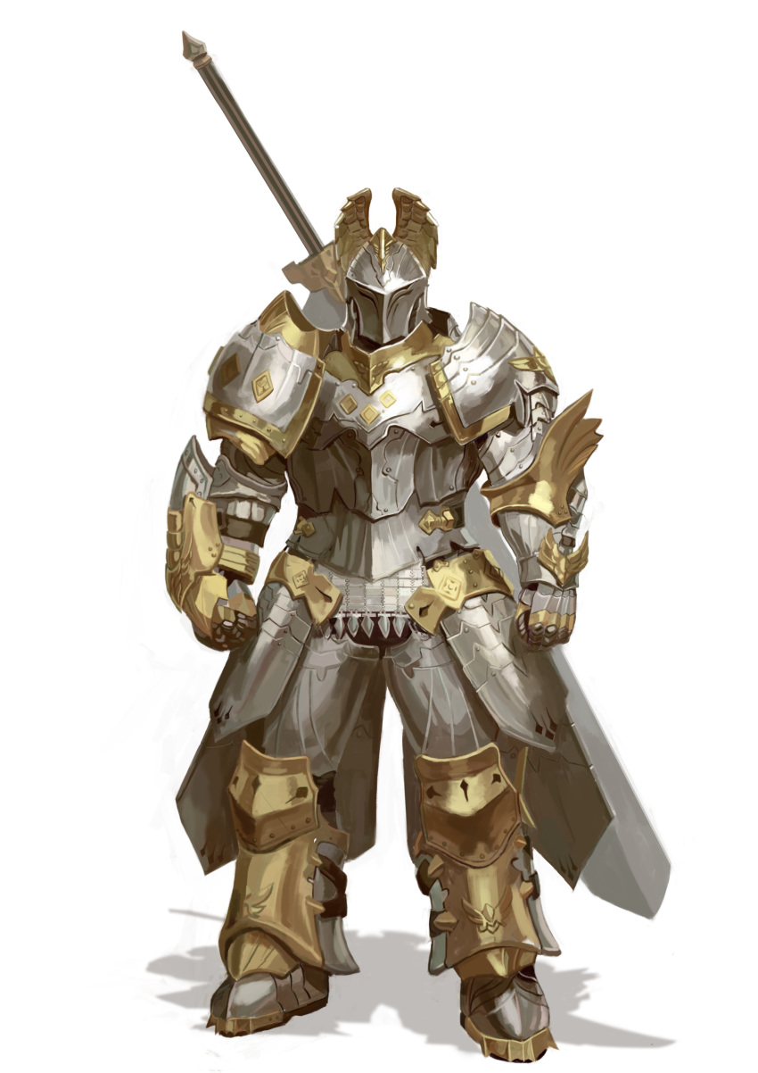 1other absurdres armor breastplate commentary_request full_armor full_body gauntlets helmet highres huge_weapon leg_armor mabinogi mabinogi_heroes shadow shoulder_armor simple_background solo standing sword user33 weapon weapon_on_back white_background