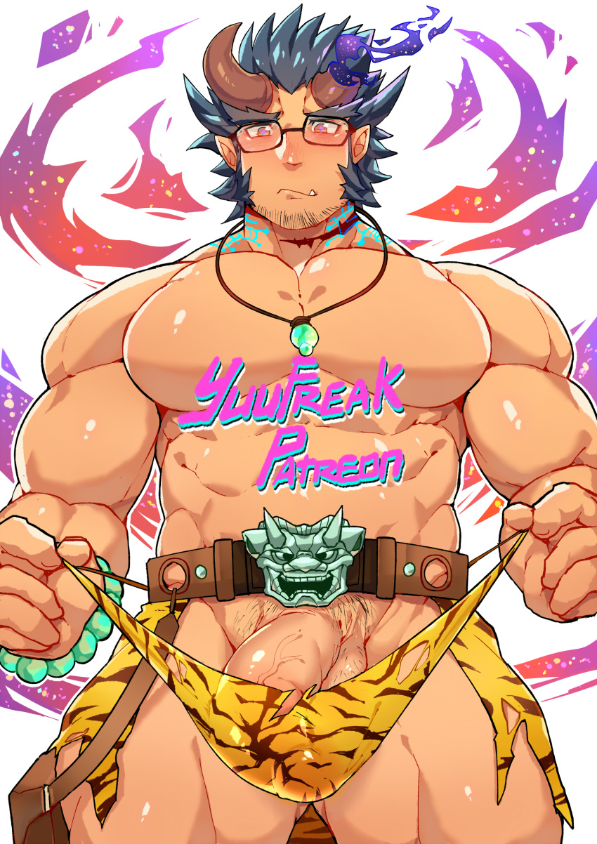 1boy abs absurdres animal_print bara belt briefs_pull bulge chest cowboy_shot dark_blue_hair facial_hair fang highres horns jewelry male_focus manly muscle navel necklace pectorals penis_peek scar shirtless short_hair sideburns solo stubble takemaru_(tokyo_houkago_summoners) thick_eyebrows thick_thighs thighs tiger_print tokyo_houkago_summoners yuufreak