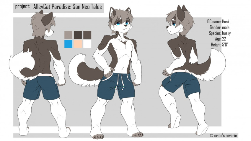 16:9 2020 4_toes 5_fingers anthro blue_eyes canid canine canis clothed clothing digital_media_(artwork) domestic_dog english_text fingers footwear hair husky longdanger male mammal model_sheet nordic_sled_dog shoes smile solo spitz standing text toes topless widescreen