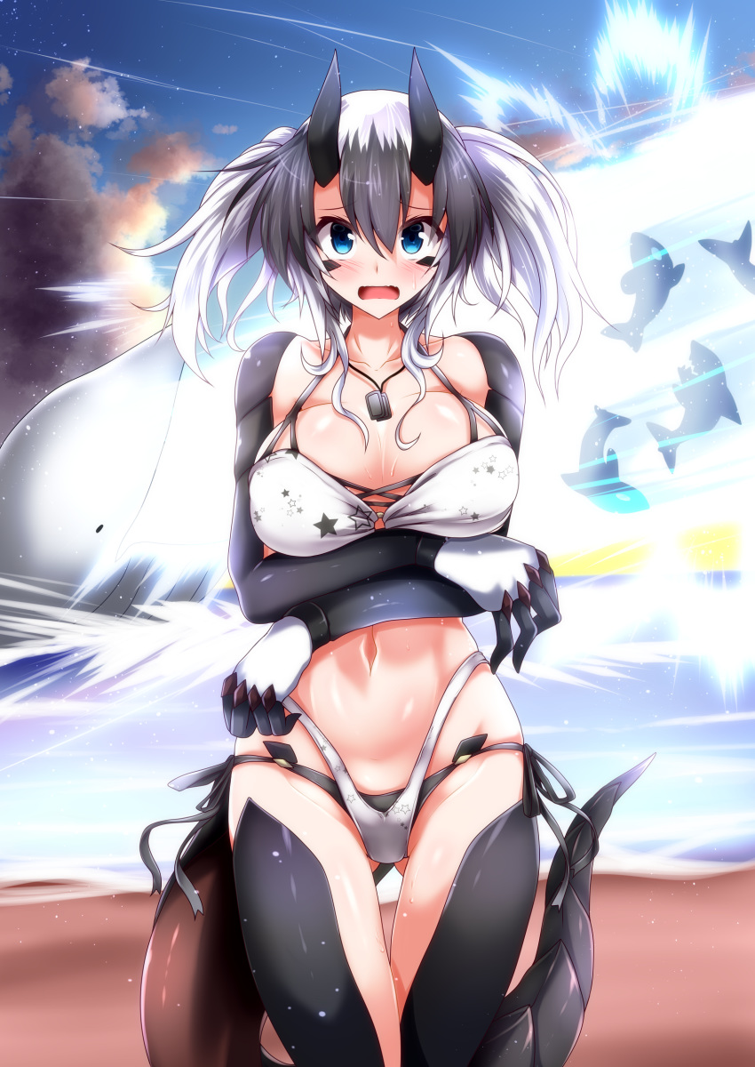 1girl absurdres aqua_eyes arms_under_breasts ass_visible_through_thighs bangs bare_shoulders beach beam bikini black_hair blue_sky blush breasts cleavage cloud collarbone commentary_request cowboy_shot day dog_tags dragon_girl dragon_horns dragon_tail g_(desukingu) genderswap genderswap_(mtf) groin hair_between_eyes highleg highleg_bikini highres horns large_breasts layered_bikini looking_at_viewer midriff monster_girl multicolored_hair navel o-ring o-ring_bikini ocean open_mouth orca original outdoors rio_(g) sand shadow shark side-tie_bikini sidelocks skindentation sky solo standing star_(symbol) star_print sweat swimsuit tail thigh_gap two-tone_hair two_side_up whale white_bikini white_hair