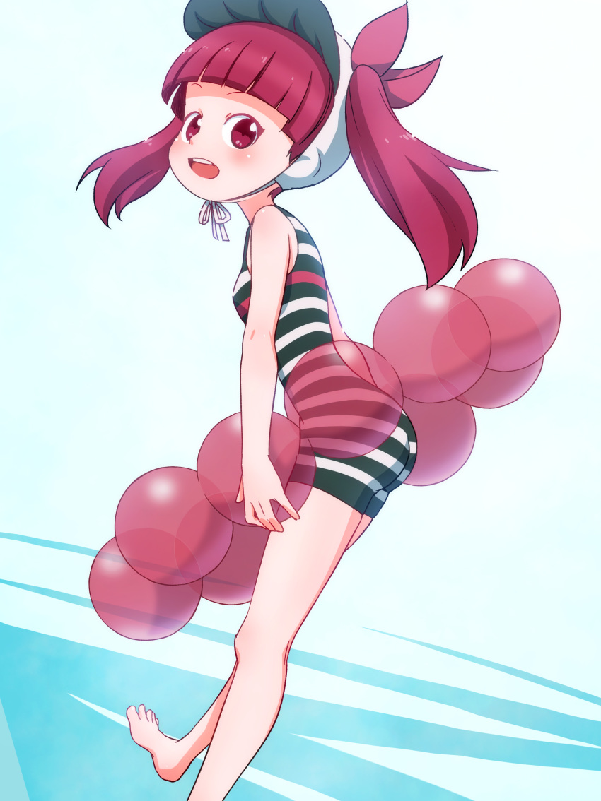 1girl :d absurdres bangs bare_arms bare_shoulders barefoot blunt_bangs bonnet commentary_request foot_out_of_frame highres innertube kemurikusa leaning_forward long_hair looking_at_viewer one-piece_swimsuit open_mouth red_eyes red_hair rina_(kemurikusa) sat-c simple_background smile solo striped striped_swimsuit swimsuit twintails upper_teeth