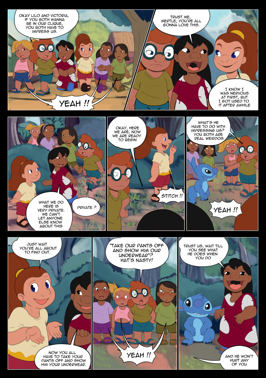 2020 absurd_res alien black_hair blue_body blue_fur brown_hair child clothed clothing comic disney dress elena_(lilo_and_stitch) english_text experiment_(lilo_and_stitch) eyewear female feral fingers fur glasses group hair hi_res human human_focus launny lilo_and_stitch lilo_pelekai mammal mertle_edmonds not_furry_focus orange_hair ponytail semi-anthro smile stitch_(lilo_and_stitch) teeth teresa_(lilo_and_stitch) text victoria_(lilo_and_stitch) walking young yuki_(lilo_and_stitch)