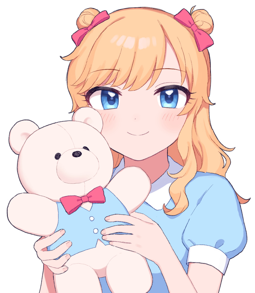 1girl bangs blonde_hair blue_eyes blue_shirt blush bow cho628 closed_mouth commentary_request double_bun dress eyebrows_visible_through_hair face hair_bow highres holding holding_stuffed_animal idolmaster idolmaster_cinderella_girls long_hair looking_at_viewer ootsuki_yui pink_bow puffy_short_sleeves puffy_sleeves red_bow shirt short_sleeves simple_background smile solo stuffed_animal stuffed_toy teddy_bear upper_body white_background