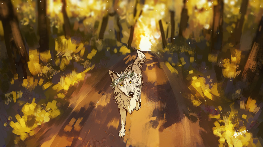 16:9 2020 ambiguous_gender black_nose canid canine canis detailed_background feral flower flower_crown fur hi_res high-angle_view mammal outside plant signature snowfoxatheart solo tree white_body white_fur widescreen wolf