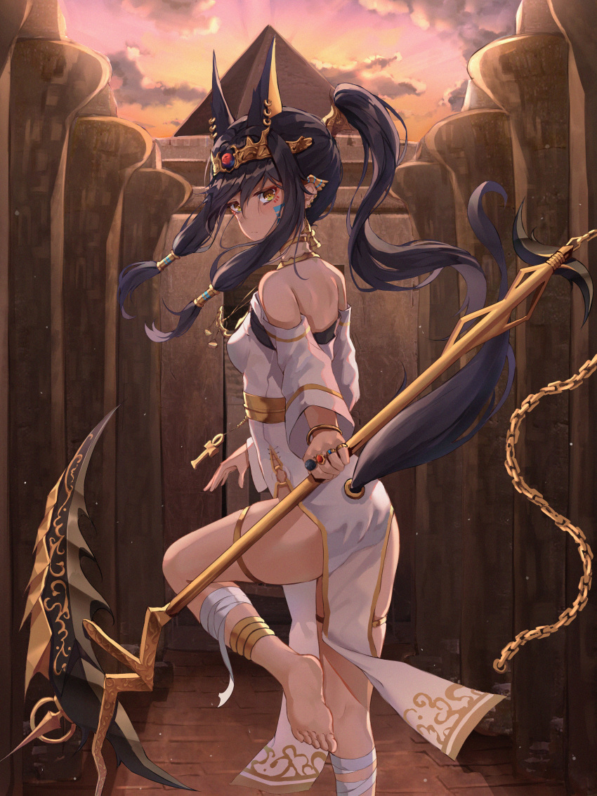 1girl absurdres animal_ears ankh anklet anubis back bare_shoulders barefoot black_hair breasts chain collar dress ear_piercing egyptian_clothes egyptian_mythology extra_ears eyeshadow facial_mark from_behind headpiece highres holding holding_scythe huge_filesize jewelry kerno leg_up long_hair long_sleeves looking_at_viewer looking_back makeup multiple_rings off-shoulder_dress off_shoulder original outdoors pelvic_curtain piercing ponytail ring scythe small_breasts solo standing standing_on_one_leg thigh_strap thighs weapon white_dress yellow_eyes