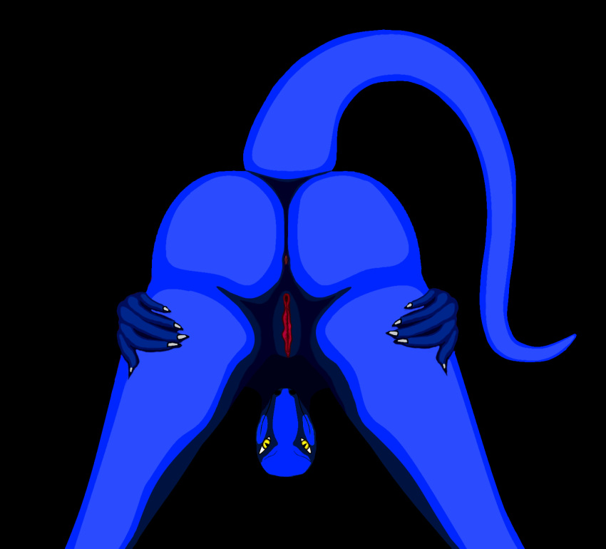 animal_humanoid anthro anus blue_body bubble_butt butt claws dragon dragon_humanoid fan_character female genitals hi_res humanoid humanoid_genitalia humanoid_hands lizard looking_at_viewer looking_through looking_through_legs lua presenting presenting_anus presenting_pussy pussy reptile scalie seductive_look seductive_smile self sharp_claws simple_background smile smooth_skin snout solo western_dragon wide_stance wildtail_(artist)