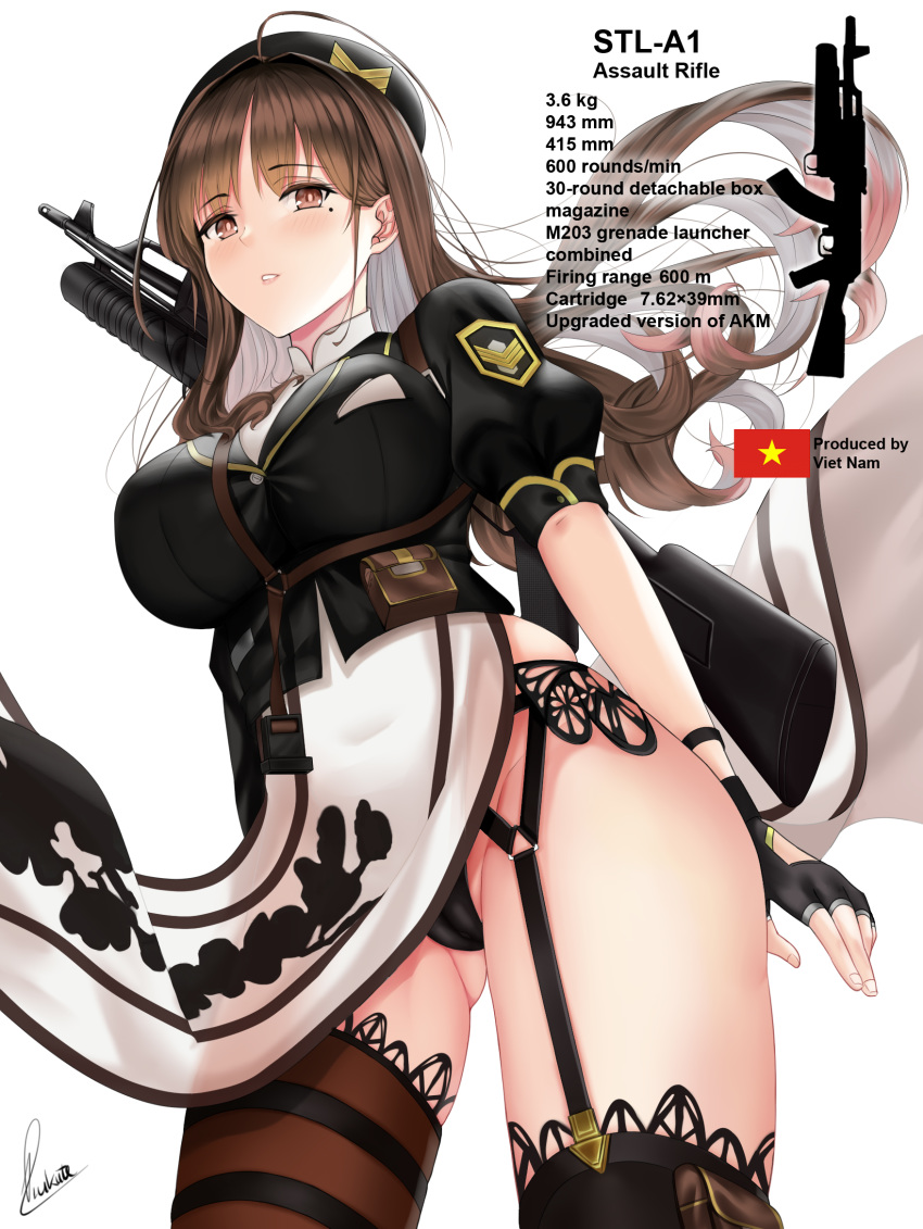 1girl ass_visible_through_thighs assault_rifle bangs black_gloves black_legwear black_panties blush breasts brown_eyes brown_hair cleavage commentary cropped_jacket english_text eyebrows_visible_through_hair fingerless_gloves floating_hair garter_belt girls_frontline gloves gradient_hair grenade_launcher gun highres jacket large_breasts long_hair looking_at_viewer mole mole_under_eye multicolored_hair original panties parted_lips pelvic_curtain pink_hair piukute062 pouch puffy_short_sleeves puffy_sleeves rifle short_sleeves sidelocks signature simple_background stl-a1 thighhighs thighs underbarrel_grenade_launcher underwear very_long_hair vietnamese_flag weapon weapon_on_back white_background wind wind_lift