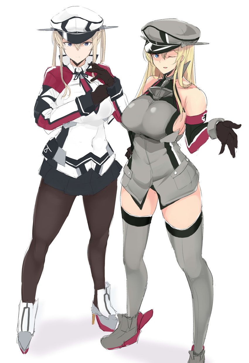 2girls absurdres adjusting_clothes adjusting_gloves bangs bismarck_(kantai_collection) black_legwear black_skirt blonde_hair breasts capelet closed_mouth elbow_gloves gloves graf_zeppelin_(kantai_collection) grey_legwear hair_between_eyes hat headgear highres iron_cross kantai_collection large_breasts long_hair long_sleeves maruya1006 military military_uniform multiple_girls one_eye_closed open_mouth pantyhose peaked_cap pouch shadow sidelocks simple_background skirt standing thighhighs twintails uniform white_background