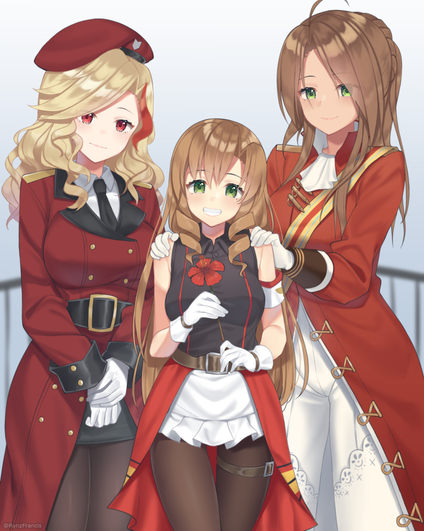 3girls absurdres beret blonde_hair brown_hair drill_hair female_commander_(girls_frontline) fn-49_(girls_frontline) girls_frontline green_eyes hat highlights highres lee-enfield_(girls_frontline) long_hair military military_hat military_uniform multicolored_hair multiple_girls necktie red_eyes red_hair rynzfrancis smile twin_drills two-tone_hair uniform