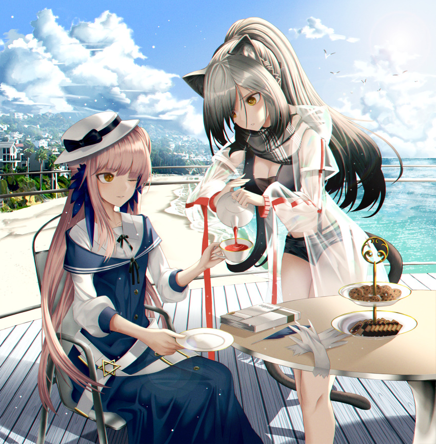 2girls absurdres animal_ears arknights bangs black_scarf black_shorts blue_dress blue_sky book brown_eyes cat_ears cat_tail ceylon_(arknights) chair cloud commentary_request cookie cup day dress eikou_no_kassai eyebrows_visible_through_hair feathers feet_out_of_frame food gloves gloves_removed highres holding holding_cup holding_plate holding_teapot huge_filesize jacket long_hair looking_at_another micro_shorts multiple_girls ocean open_clothes open_jacket outdoors parted_lips pink_hair plate pouring scarf schwarz_(arknights) see-through shadow shorts silver_hair sitting sky smile standing table tail teacup teapot thighs very_long_hair water white_gloves white_headwear