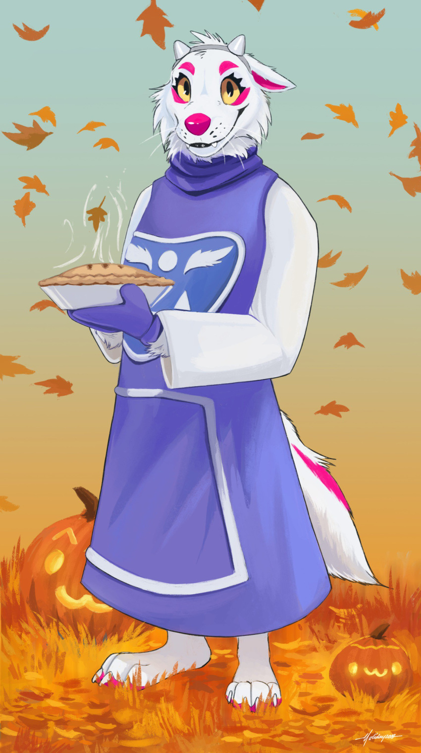 2018 absurd_res anthro autumn barefoot canid canine canis cheek_tuft clothed clothing cosplay facial_tuft female food full-length_portrait fully_clothed fur hi_res holding_food holding_object jack-o'-lantern leaf mammal outside owo pie portrait smile snowfoxatheart standing toriel tuft undertale video_games whiskers white_body white_fur wolf