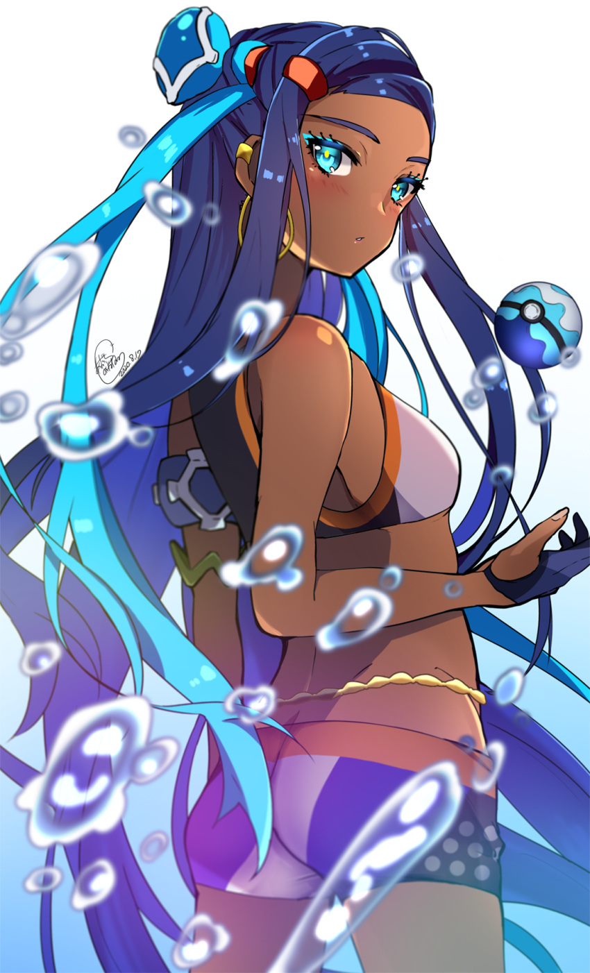 1girl akabuchi_megane bikini_shorts blue_eyes blue_gloves blue_hair blurry_foreground breasts dark_skin earrings floating_hair from_behind gloves hair_ornament highres jewelry long_hair looking_at_viewer multicolored_hair nessa_(pokemon) parted_lips pokemon pokemon_(game) pokemon_swsh shiny shiny_hair short_shorts shorts signature small_breasts sports_bikini two-tone_hair very_long_hair white_background