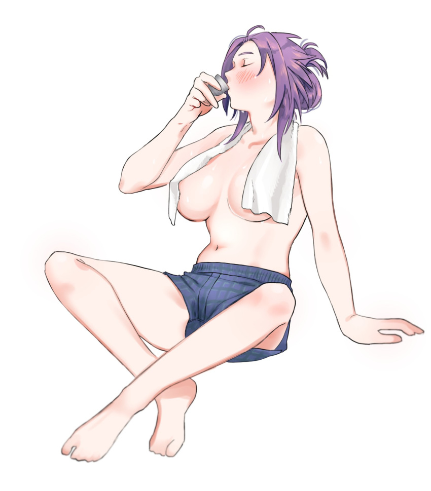 1girl ahoge boyshort_panties breasts choko_(cup) closed_eyes cup drinking folded_ponytail highres jun'you_(kantai_collection) kantai_collection large_breasts long_hair navel panties purple_hair shishanmo simple_background solo spiked_hair towel towel_around_neck underwear underwear_only white_background white_towel