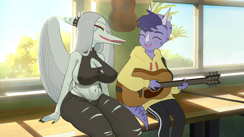 anthro areola areola_slip big_breasts breasts cleavage cleavage_cutout clothed clothing duo edit erection erection_under_clothing eyes_closed fang_(gvh) female fully_clothed goodbye_volcano_high guitar hi_res male musical_instrument nipples plucked_string_instrument pterodactylus pterosaur pubes reptile scalie screencap smile string_instrument tight_clothing torn_clothing translucent translucent_clothing trish_(goodbye_volcano_high) unknown_artist