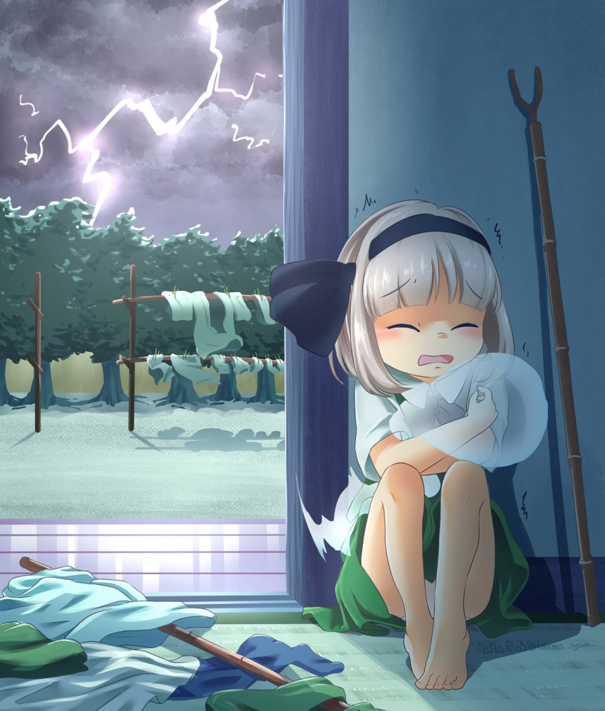 /\/\/\ 1girl bangs barefoot blunt_bangs bob_cut calcmis_gowa closed_eyes clothes clothesline cloud cloudy_sky eyebrows_visible_through_hair green_skirt green_vest hair_ribbon highres indoors knees_up konpaku_youmu konpaku_youmu_(ghost) lightning_bolt night on_floor open_mouth panties pantyshot pole ribbon scared self_hug shadow shirt short_hair short_sleeves silver_hair sitting skirt sky solo tatami touhou tree trembling underwear veranda vest white_panties white_shirt