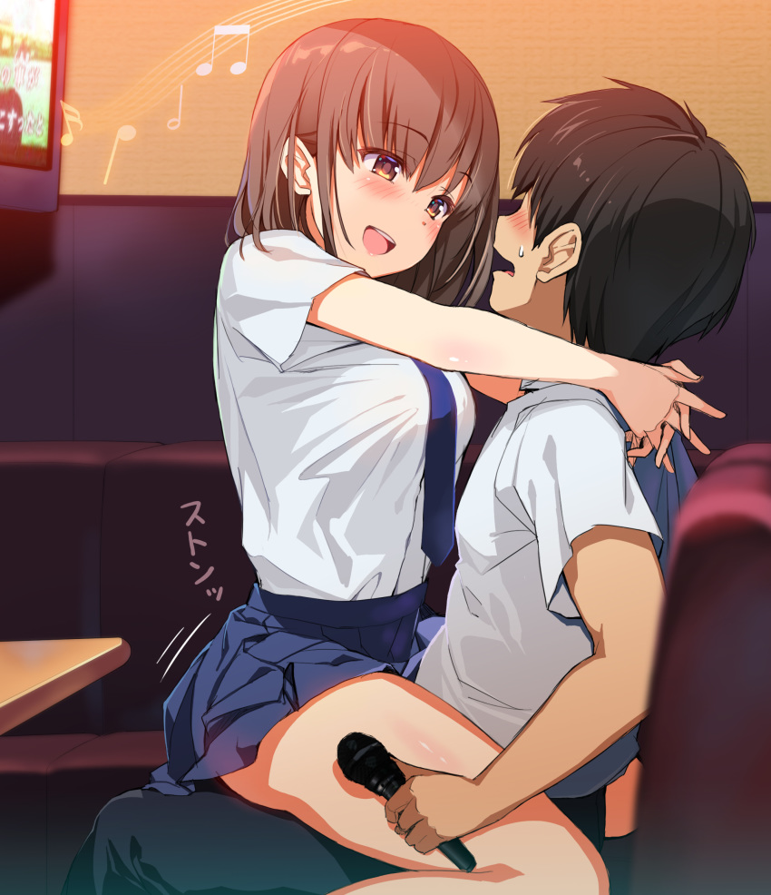 1boy 1girl abarerumidori absurdres arms_around_neck assertive breasts brown_eyes brown_hair couch couple face-to-face hetero highres implied_sex indoors karaoke looking_at_another microphone musical_note necktie nervous open_mouth original school_uniform sitting sitting_on_lap sitting_on_person skirt smile straddling sweatdrop television thighs upright_straddle