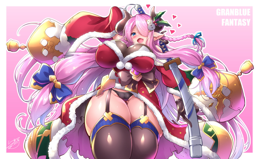 1girl :d arm_up ass_visible_through_thighs bangs bell black_gloves black_legwear black_panties blue_eyes blush c.r. cameltoe copyright_name draph fang fur_trim garter_straps gloves granblue_fantasy groin hair_over_one_eye heart holly horns katana long_hair low-tied_long_hair narmaya_(granblue_fantasy) open_mouth panties parted_bangs pink_background pink_hair pointy_ears santa_costume sheath sheathed showgirl_skirt simple_background smile snowman_hair_ornament solo sword thick_thighs thighhighs thighs underwear very_long_hair weapon