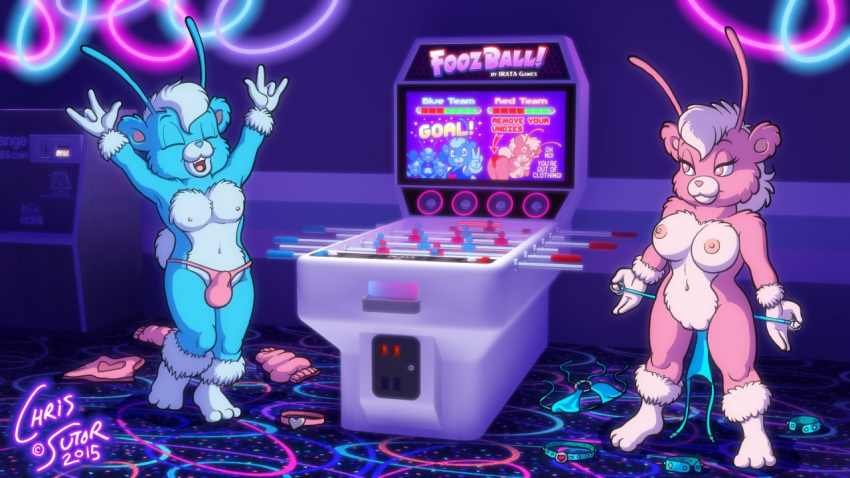 16:9 anthro arcade arcade_machine arms_above_head bedroom_eyes bikini bikini_bottom blue_body blue_fur breasts bulge carpet casual_nudity cheerleader_outfit chris_sutor clothing duo exposed_breasts female foozle fur genitals male male/female mammal narrowed_eyes neon_lights nipples pink_body pink_fur pleasure_the_foozle public_nudity pussy raised_arm seductive stripping_game striptease swimwear twinkle_the_foozle undressing ursid victory_dance victory_pose video_games widescreen