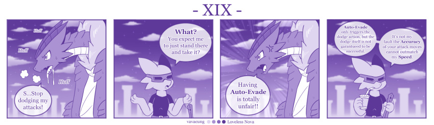 4koma ambiguous_gender anthro braver_(character) clothing comic dialogue dragon duo english_text feral hi_res kobold mask monochrome purple_theme text vavacung
