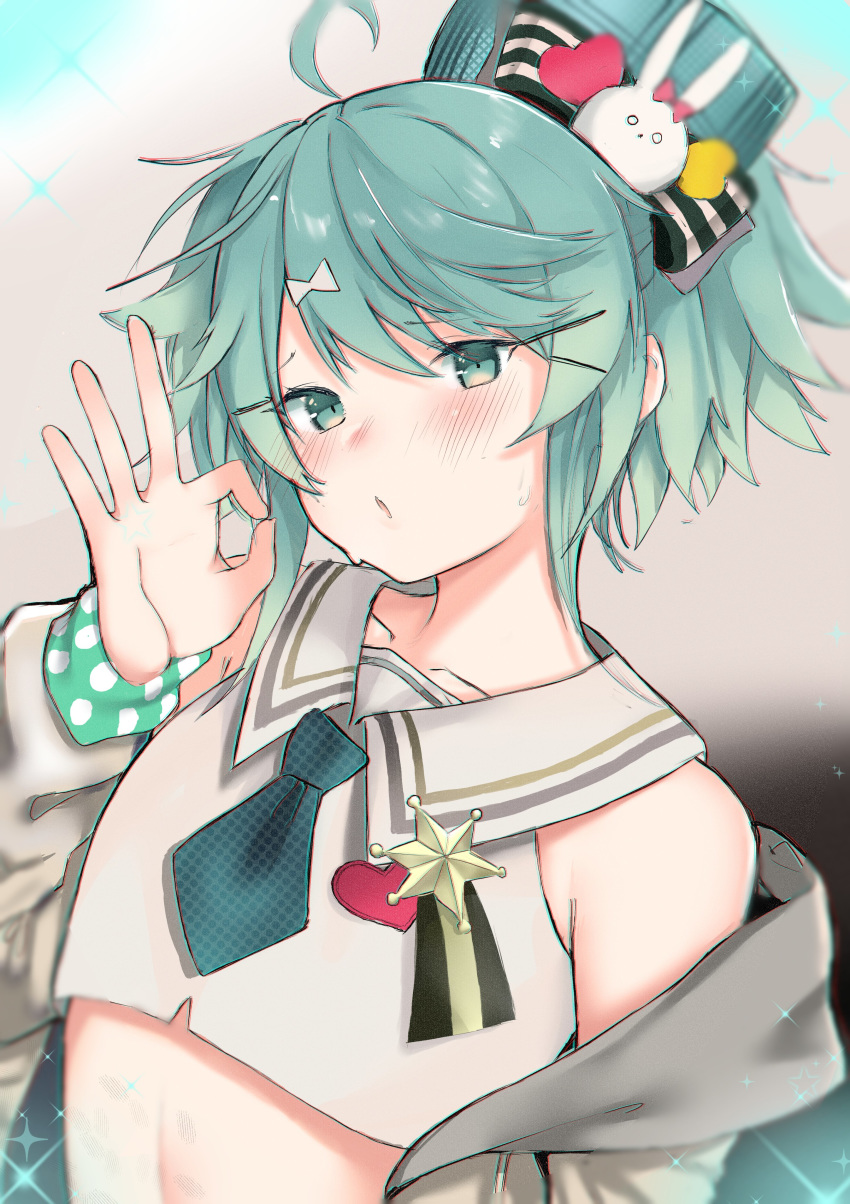 1boy absurdres ahoge aqua_headwear bare_shoulders blush collarbone eyebrows_visible_through_hair green_eyes green_hair green_neckwear hair_ornament hairclip hat hat_pin heart highres holostars jacket kagami_kira long_sleeves looking_at_viewer male_focus medium_hair necktie ok_sign one_side_up open_mouth otoko_no_ko pin solo teriibol upper_body virtual_youtuber