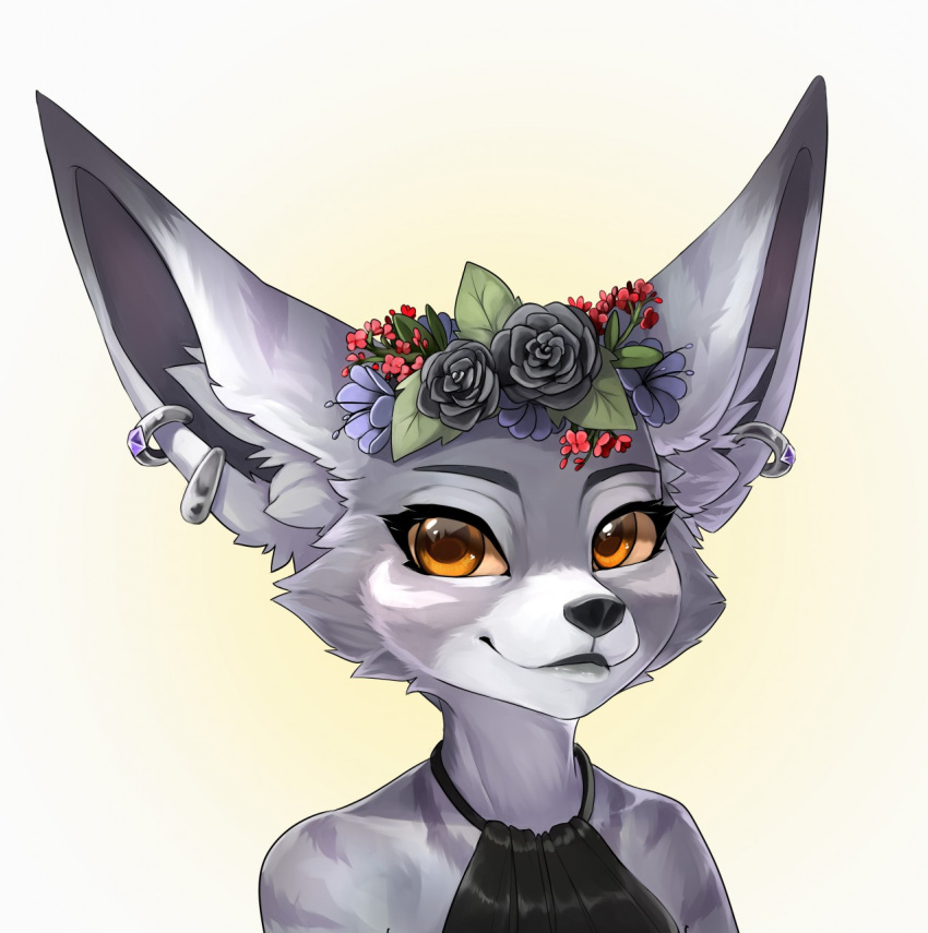 anthro black_lips black_nose bust_portrait canid canine clothing ear_piercing female flower flower_crown fox fur grey_body grey_fur hi_res inner_ear_fluff lips mammal markings orange_eyes orange_sclera piercing plant portrait simple_background solo talilly tuft white_background