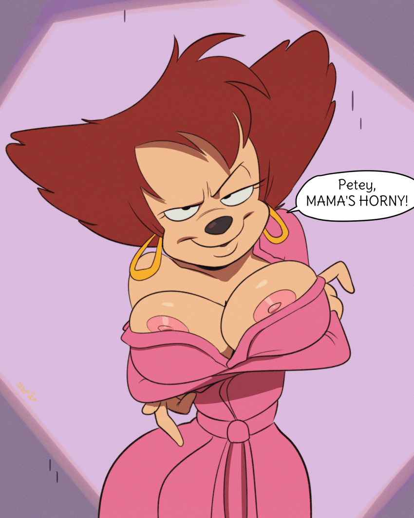 4:5 absurd_res anthro big_breasts breasts brown_hair canid canine disney female goof_troop hair hi_res holding_breast looking_at_viewer mammal nipples peg_pete presenting presenting_breasts solo speech_bubble text thehumancopier