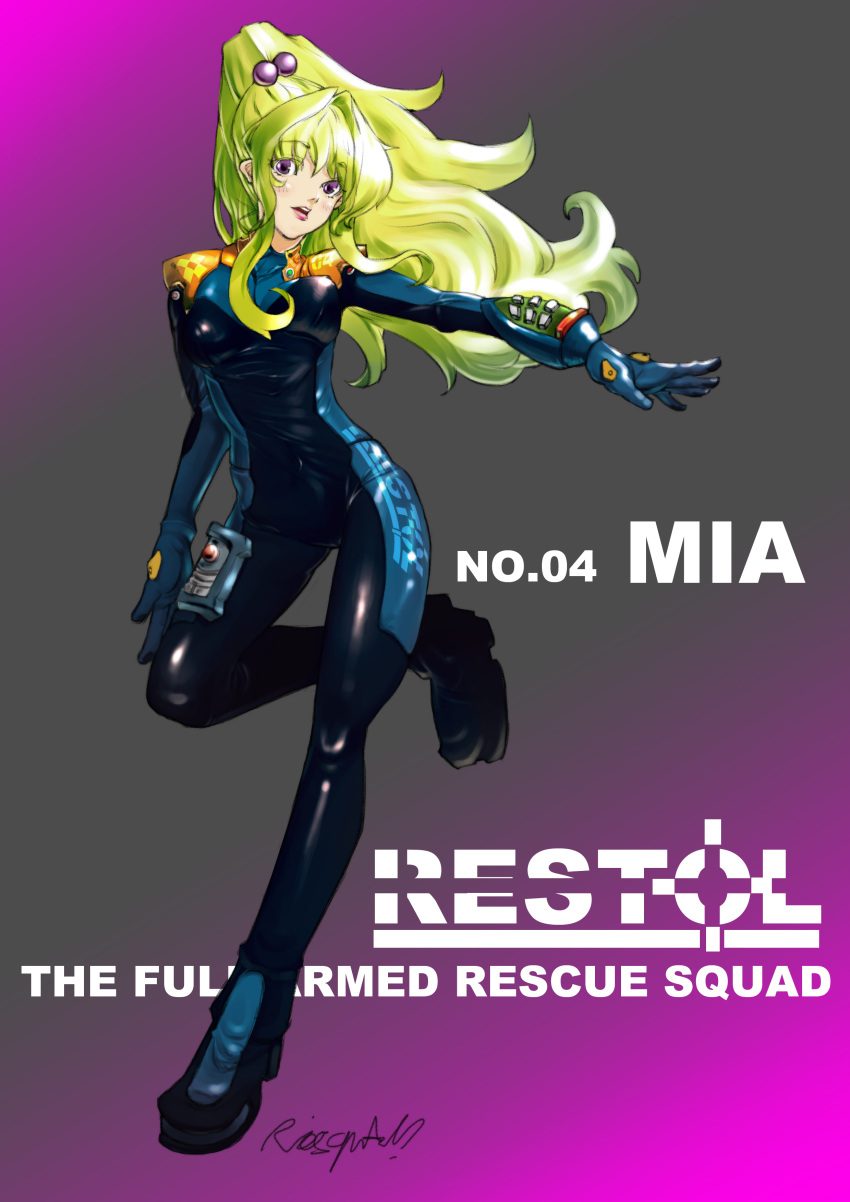 1girl absurdres bodysuit character_name copyright_name english_commentary floating_hair green_hair hex2go highres long_hair looking_at_viewer mia_lilienthal open_mouth pilot_suit ponytail purple_eyes restol_special_rescue_squad solo