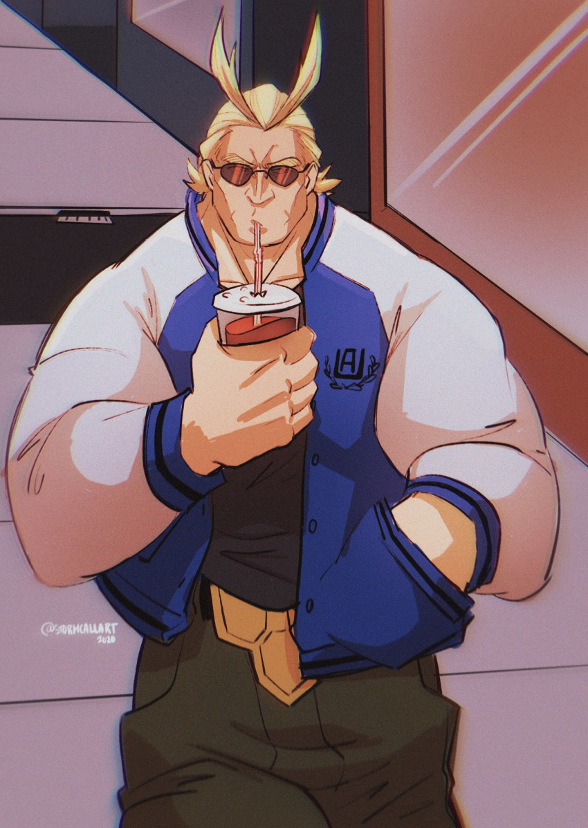 1boy all_might alternate_costume antenna_hair bara belt blonde_hair blue_eyes body_hair boku_no_hero_academia cowboy_shot cup drinking_straw hair_slicked_back hand_in_pocket highres male_focus muscle pants short_hair stormcallart sunglasses