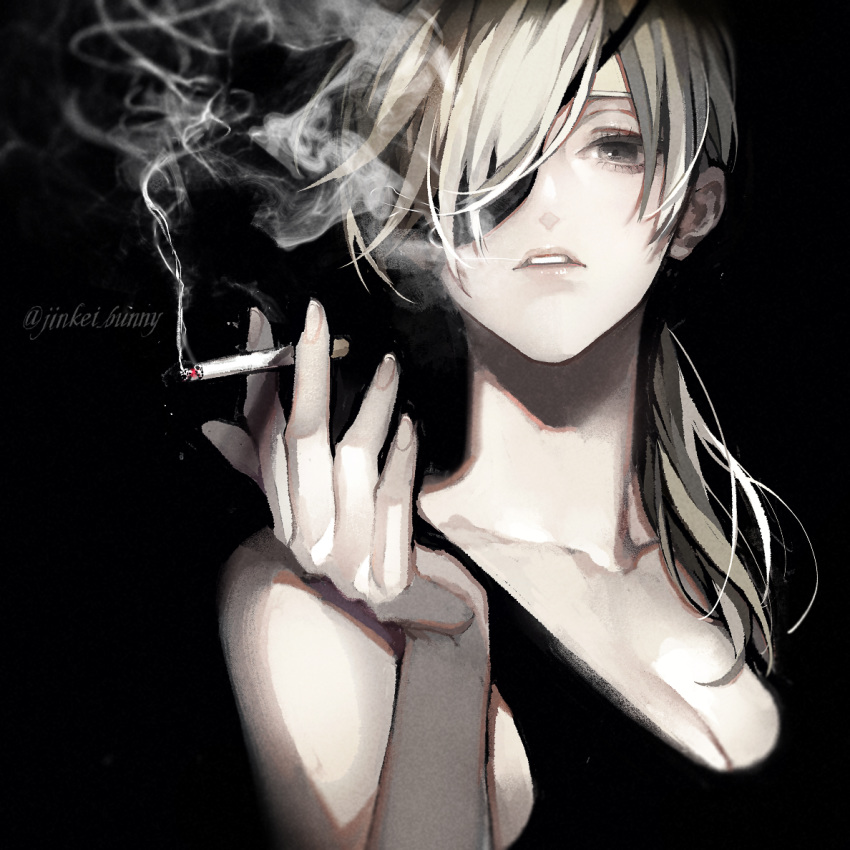 1girl bare_shoulders between_fingers black_background blending blonde_hair blowing_smoke breasts chainsaw_man cigarette cleavage collarbone eyelashes eyepatch fingernails grey_eyes hair_over_one_eye hair_over_shoulder hand_up holding holding_cigarette koshika_rina large_breasts long_hair looking_at_viewer low_ponytail medium_breasts one_eye_covered parted_lips ponytail quanxi_(chainsaw_man) silver_hair simple_background sleeveless smoke smoking solo upper_body