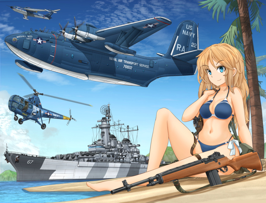 1girl aircraft airplane battle_rifle battleship bikini blonde_hair blue_bikini blue_eyes blue_sky breasts cannon day flying_boat gun helicopter highres large_breasts long_hair m14 mikeran_(mikelan) military military_vehicle navel original outdoors palm_tree rifle ship side-tie_bikini sitting sky smile solo swimsuit tree turret united_states_navy uss_montana_(bb-67) warship watercraft weapon