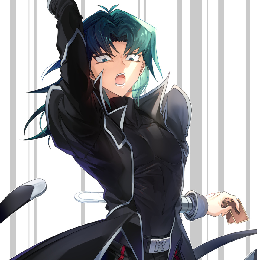 1boy antenna_hair arm_up belt_buckle black_coat black_shirt blue_hair buckle card cat_tail coat covered_navel green_eyes hair_intakes highres holding holding_card long_hair long_sleeves male_focus maru-ji marufuji_ryou open_clothes open_coat open_mouth shirt solo striped striped_background tail white_background yuu-gi-ou yuu-gi-ou_gx