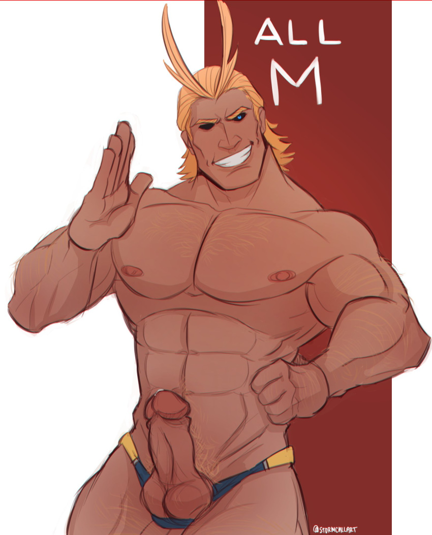 1boy abs all_might antenna_hair bara blonde_hair blue_eyes body_hair boku_no_hero_academia briefs chest cowboy_shot erection hair_slicked_back highres male_focus muscle nipples nude pectorals penis precum short_hair simple_background stormcallart uncensored underwear